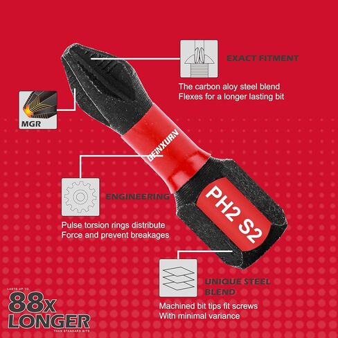 Geinxurn Impact Tough #2 Phillips 6 بوصة. لقم سائق إدراج رأس مضادة للانزلاق، 5 عبوات 1/4 بوصة سداسية ساق طويلة متقاطعة مغناطيسية PH2 مجموعة لقم مفك براغي in Kuwait