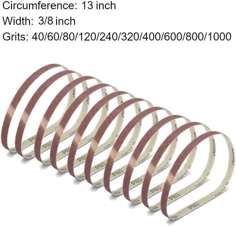 أحزمة صنفرة مقاس 3/8 × 13 بوصة، 2 لكل منها 40/60/80/120/240/320/400/600/800/1000 حبيبة، أداة صنفرة الحزام للأعمال الخشبية، تلميع المعادن، أحزمة صنفرة أكسيد الألومنيوم (20 عبوة) in Kuwait