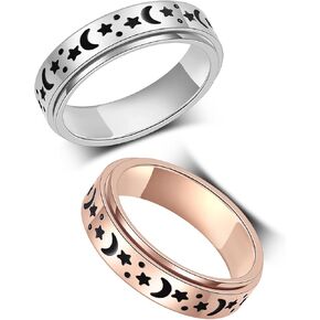 Anxiety Ring for Women Spinner Rings:Rotating Rings Stainless Steel 6mm Moon Star Anxiety for Men Band Jewelry Gift for Women Size 6 7 8 9 10