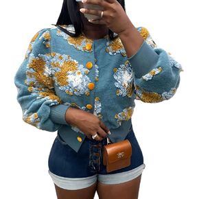 KANSOON Wool Coats for Women Floral Puff Sleeve Single Breasted Short Fall Winter Jacket