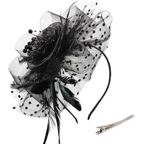 SendyFeather Fascinators Hat Flower Mesh Ribbons Feathers on a Headband and a Clip Tea Party Headwear for Girls and Women