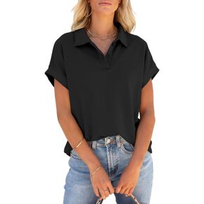 PGANDS Women's Short Sleeve Polo Shirts Summer Collared Button Down Top Casual V Neck Loose Fit T Shirt