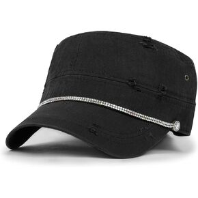 ililily Crystal Gemstone Stud Flower Vintage Cotton Military Army Hat Cadet Cap