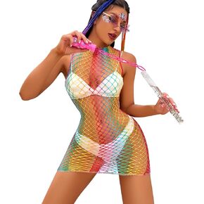 Women Rainbow Fishnet Rave Outfit Swimwear Bikini Cover Up Mini Dress Festival Costume