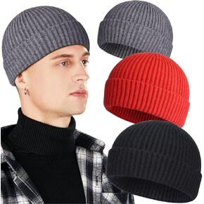 3 Pack Wool Fisherman Beanies for Men, Short Knit Watch Cap Cuffed Trawler Hats in Saudi Arabia