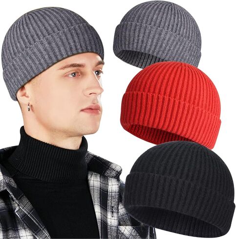 3 Pack Wool Fisherman Beanies for Men, Short Knit Watch Cap Cuffed Trawler Hats in Kuwait