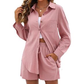 Namifin Women Two Piece Linen Sets Causal Tracksuits Button Down Shirts and High Waisted Shorts Matching Lounge Sets
