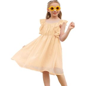 EISHOPEER Girls Dresses Ruffle Sleeve Swiss Dot Casual A-Line Twirly Skater Party Dress for 5-13 Years Kids