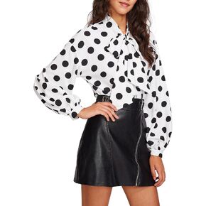 Floerns Women's Printed Bow Tied Neck Lantern Long Sleeve Workwear Shirts Blouse