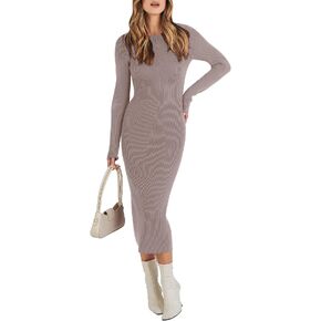 ANRABESS Women's 2023 Trendy Long Sleeve Sweater Dress Crewneck Slim Fit Ribbed Knit Bodycon Midi Dress