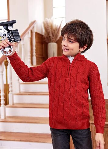 Boys 1/4 Zip Pullover Sweater Long Sleeve Solid Cable Knit Top Fall Winter Jumper 4-14Y in Saudi Arabia