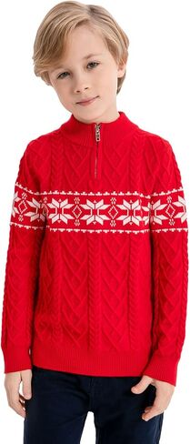 SMILING PINKER Boys Christmas Sweater Cable Knit Half Zip Mock Neck Snowflake Pullover in Kuwait