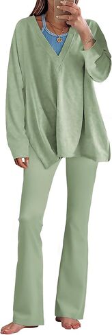 ملابس نسائية كبيرة الحجم من Faleave مكونة من قطعتين وأكمام طويلة قابلة للعكس وسراويل واسعة عالية الخصر أطقم صالة رياضية in Kuwait