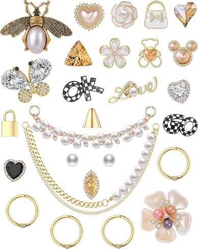 الذهب والفضة بلينغ سحر الأحذية مجموعة للنساء في سن المراهقة الفتيات مصمم يتوهم سلاسل اللؤلؤ حجر الراين الأحذية الديكور سحر الفاخرة مجوهرات اكسسوارات سحر لشرائح فقاعة تسد هدايا عيد الميلاد عيد الميلاد in Kuwait