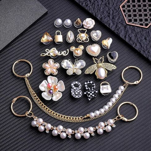 الذهب والفضة بلينغ سحر الأحذية مجموعة للنساء في سن المراهقة الفتيات مصمم يتوهم سلاسل اللؤلؤ حجر الراين الأحذية الديكور سحر الفاخرة مجوهرات اكسسوارات سحر لشرائح فقاعة تسد هدايا عيد الميلاد عيد الميلاد in Kuwait