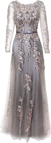 Meier Women's Illusion Long Sleeve Embroidery Prom Formal Dress in Kuwait