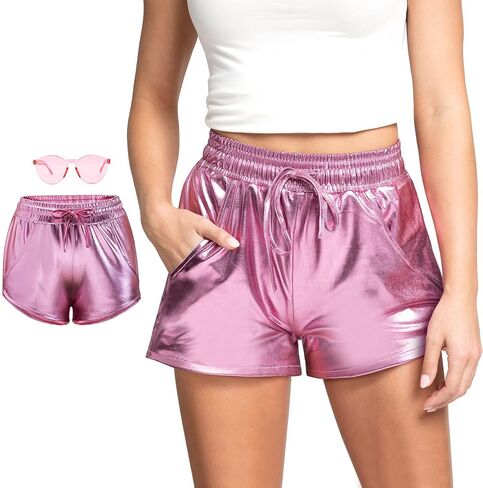 Spooktacular Creations Womens Metallic Shorts, Neon Shorts for Women, Pink High Waisted Sparkly Shiny Shorts Elastic Waist Rave Booty Dance Pants with Glasses Set for Halloween Dancing Parties in Saudi Arabia