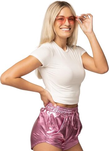 Spooktacular Creations Womens Metallic Shorts, Neon Shorts for Women, Pink High Waisted Sparkly Shiny Shorts Elastic Waist Rave Booty Dance Pants with Glasses Set for Halloween Dancing Parties in Saudi Arabia