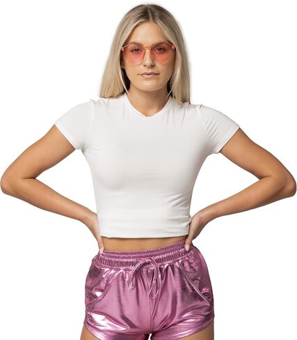 Spooktacular Creations Womens Metallic Shorts, Neon Shorts for Women, Pink High Waisted Sparkly Shiny Shorts Elastic Waist Rave Booty Dance Pants with Glasses Set for Halloween Dancing Parties in Saudi Arabia