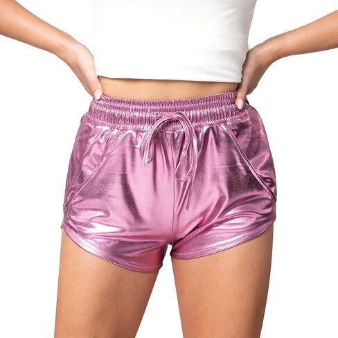 Spooktacular Creations Womens Metallic Shorts, Neon Shorts for Women, Pink High Waisted Sparkly Shiny Shorts Elastic Waist Rave Booty Dance Pants with Glasses Set for Halloween Dancing Parties in Saudi Arabia