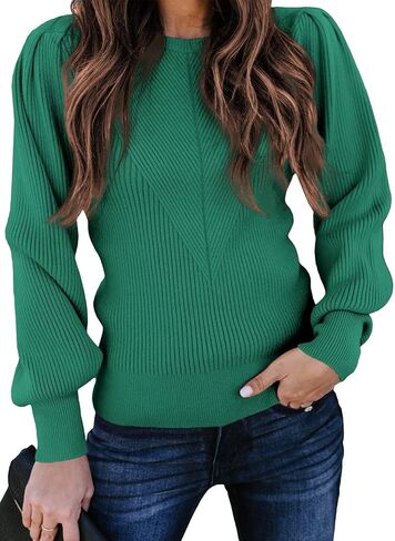Dokotoo Womens Ribbed Knit Long Lantern Sleeves Sweater Crewneck Casual Slim Fit Pullover Jumper Tops in Kuwait