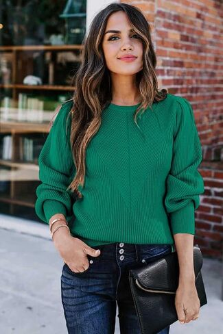 Dokotoo Womens Ribbed Knit Long Lantern Sleeves Sweater Crewneck Casual Slim Fit Pullover Jumper Tops in Kuwait