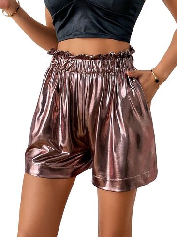 WDIRARA Women's Metallic Wide Leg Elastic Paperbag Waist High Waisted Party Shorts in Saudi Arabia