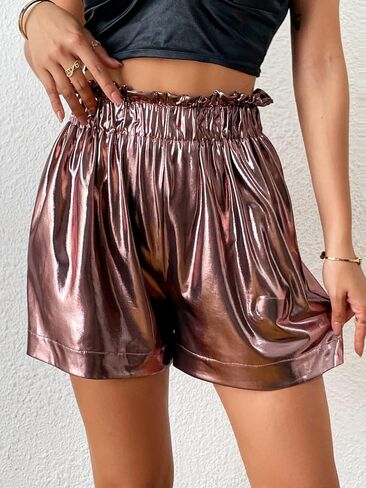 WDIRARA Women's Metallic Wide Leg Elastic Paperbag Waist High Waisted Party Shorts in Saudi Arabia