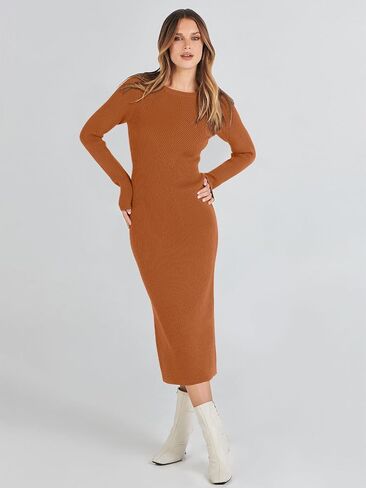 ANRABESS Women's 2023 Trendy Long Sleeve Sweater Dress Crewneck Slim Fit Ribbed Knit Bodycon Midi Dress in Saudi Arabia