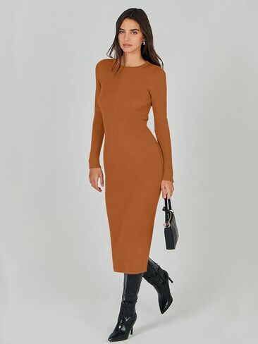ANRABESS Women's 2023 Trendy Long Sleeve Sweater Dress Crewneck Slim Fit Ribbed Knit Bodycon Midi Dress in Saudi Arabia