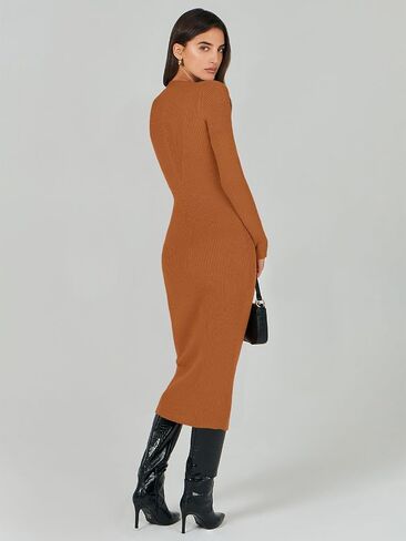 ANRABESS Women's 2023 Trendy Long Sleeve Sweater Dress Crewneck Slim Fit Ribbed Knit Bodycon Midi Dress in Saudi Arabia