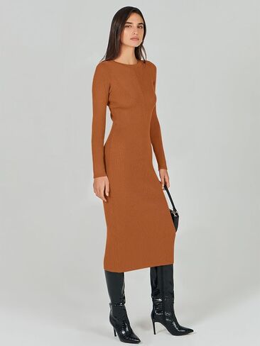 ANRABESS Women's 2023 Trendy Long Sleeve Sweater Dress Crewneck Slim Fit Ribbed Knit Bodycon Midi Dress in Saudi Arabia