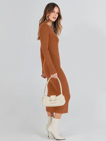 ANRABESS Women's 2023 Trendy Long Sleeve Sweater Dress Crewneck Slim Fit Ribbed Knit Bodycon Midi Dress in Saudi Arabia