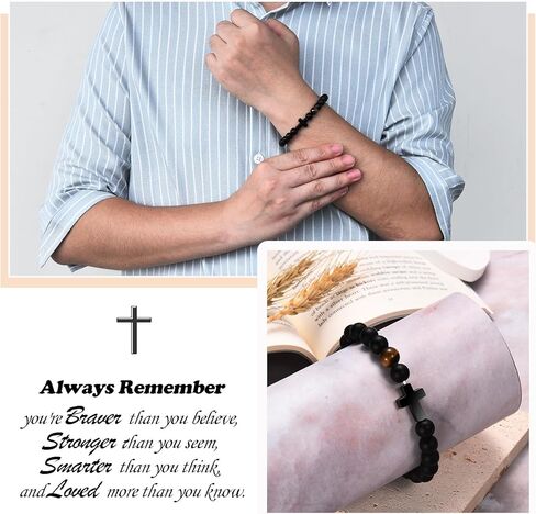 EFVISD Mens Teen Boys Cross Bracelet Gifts for Dad Husband Godfather Son Grandson Nephew, Anniversary Birthday Christmas Religious Christian Catholic Bracelet Gifts for Him Men Teenage Boys in Kuwait
