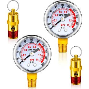 Therwen 4 Pcs Air Compressor Relief Pressure Safety Valve and Air Gauge Set, 1/4" NPT Air Tank Valve 0-200 PSI Air Pressure Gauge for Air Tank Accessory (150 PSI)