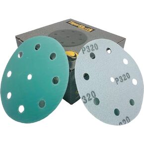 TigerShark 5 Inch Sanding Discs 9 Hole Wet Dry Grit 60 50pcs Pack Special Anti Clog Coating Film Green Line Hook and Loop Dustless Random Orbital Sander Paper