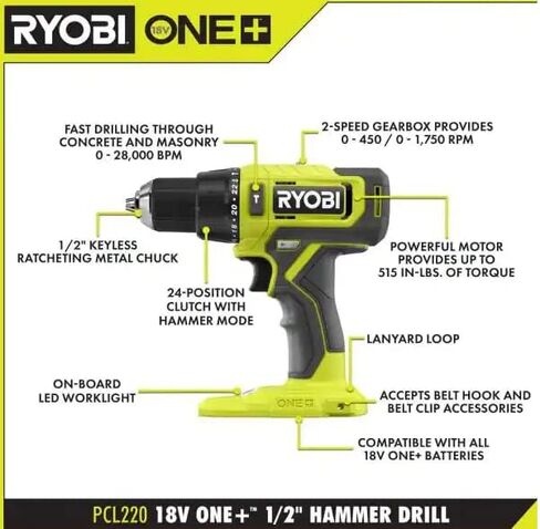 RYOBI ONE+ 18V لاسلكي 1/2 بوصة. مثقاب مطرقة (أداة فقط) in Saudi Arabia