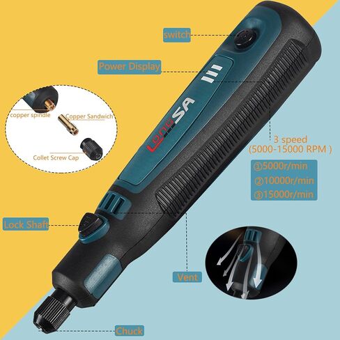 أداة دوارة لاسلكية 3.6 فولت، مجموعة أدوات دوارة لشحن USB بـ 3 سرعات مع ورق صنفرة مقاس 1 بوصة ووسادة دعم ساق 1/8، مجموعة وسادة تخزين رغوية ناعمة لسيارة مجوهرات مرآة معدنية خشبية in Kuwait