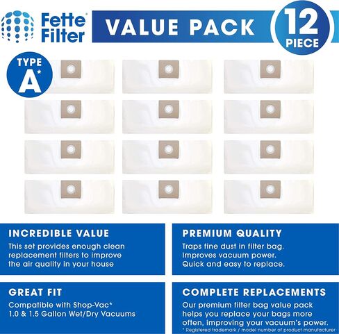 Fette Filter - Type A Filter Bags Compatible with Shop-Vac 1.0 1.5 Gallon Wet/Dry Vacuums. Compare to Part # 9066700 - Pack of 6 in Kuwait