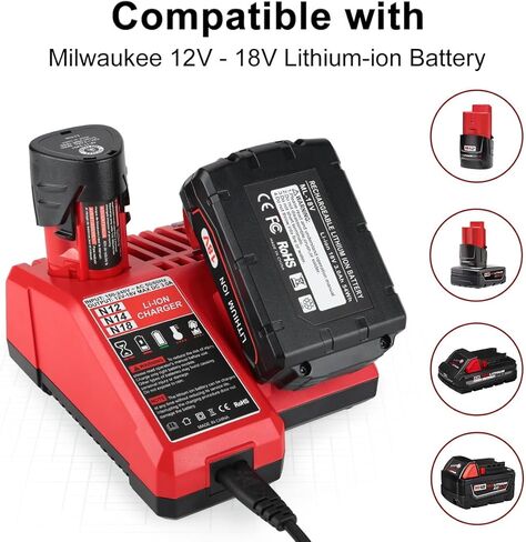 BECDXPal 2packs 3.5ah استبدال لبطارية ميلووكي M18 18 فولت بطارية ليثيوم ميلووكي ومجموعة الشاحن، 48-11-1811 بطارية ميلووكي M18 18 فولت وشاحن 48-59-1812 لبطارية ميلووكي 18 فولت in Kuwait