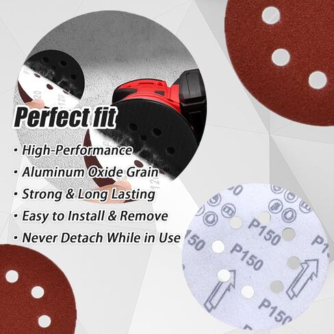 مجموعة متنوعة من ورق الصنفرة 150 قطعة 5 بوصة 8 فتحات، 10 درجات تشمل 60، 80، 100، 120، 150،180، 240، 320، 400، 600 ورق الصنفرة متعدد الحبيبات، متوافق مع وسادات الصنفرة المدارية العشوائية in Kuwait