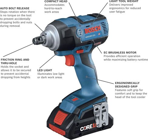 BOSCH GDS18V-221B25 18V EC Brushless 1/2 In. Impact Wrench Kit with (2) CORE18V 4.0 Ah Compact Batteries in Saudi Arabia