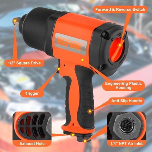 REFINE Air Impact Wrench,Pneumatic Impact Gun 1/2 inch,Heavy Duty 626 ft-Lbs Max Loosening Torque Output,Air impact gun Twin Hammer 7500RPM for Automobile Repair, Changing Tires in Kuwait
