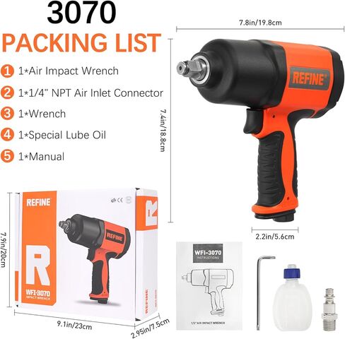 REFINE Air Impact Wrench,Pneumatic Impact Gun 1/2 inch,Heavy Duty 626 ft-Lbs Max Loosening Torque Output,Air impact gun Twin Hammer 7500RPM for Automobile Repair, Changing Tires in Kuwait