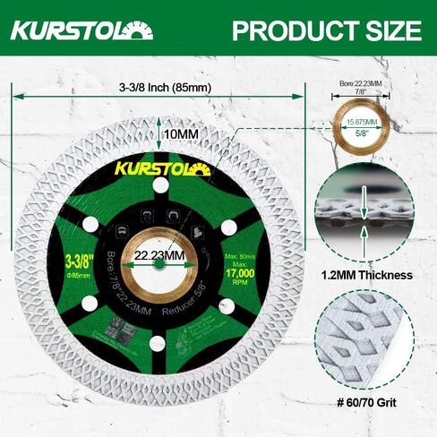 KURSTOL Tile Porcelain Diamond Blade - 4.5"/115mm Super Thin Diamond Cutting Disc Wheel,Arbor 7/8"-5/8" for Ceramic Granite,Marble Angle Grinder Tile Saw Blade in Saudi Arabia