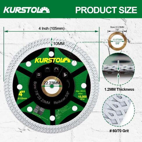 KURSTOL Tile Porcelain Diamond Blade - 4.5"/115mm Super Thin Diamond Cutting Disc Wheel,Arbor 7/8"-5/8" for Ceramic Granite,Marble Angle Grinder Tile Saw Blade in Kuwait