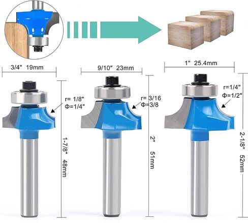 Newdeli 3Pcs Roundover Router Bit Set 1/4 Inch Shank, Carbide Round Over Router Bits for Edging Forming, Including 1/8", 3/16", 1/4" Radius Rounding Router Bits in Saudi Arabia