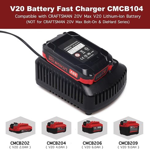 Lilocaja Replacement for Craftsman 20V Battery Charger CMCB104, Compatible with Craftsman 20V V20 Max Lithium-Ion Battery CMCB202 CMCB204 CMCB209 CMCB206 in Kuwait