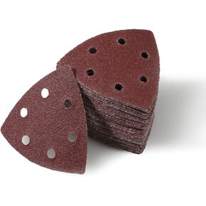 LEONTOOL 50 Pcs Triangle Sanding Pads 80 Grit 3-1/2 Inches Hook and Loop Triangle Sandpaper 6 Holes Oscillating Multitool Sanding Pads Detail Sander Sandpaper for Wood Metal Stone Polishing