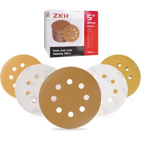 ZKH 100 PCS 5 Inch Sanding Discs, 8 Hole Hook and Loop Sanding Discs 60/80/120/180/240/320/400 Assorted Grits Sandpaper for Random Orbital Sander, Red in Kuwait